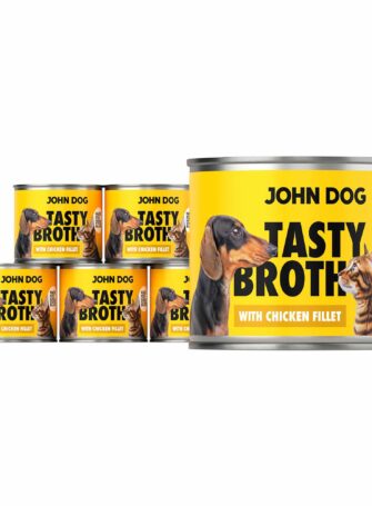 John Dog Tasty Broth Nassfutter Dosenset mit Huhn für Hunde und Katzen. Gelbe Etiketten mit einem Bild von Hund und Katze.