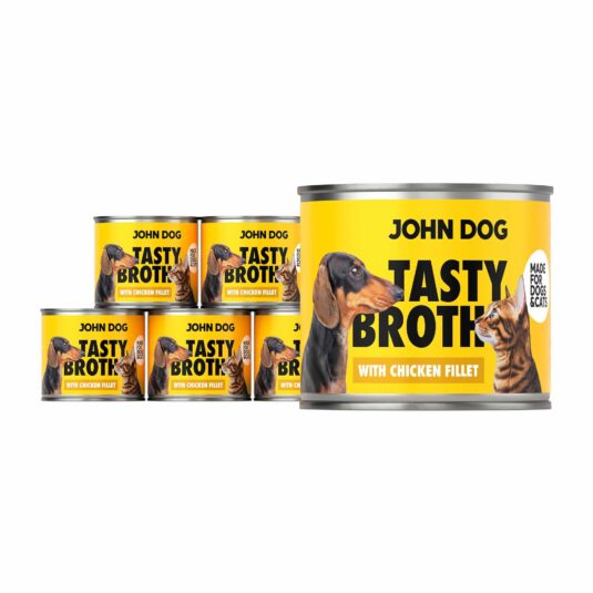 John Dog Tasty Broth Nassfutter Dosenset mit Huhn für Hunde und Katzen. Gelbe Etiketten mit einem Bild von Hund und Katze.