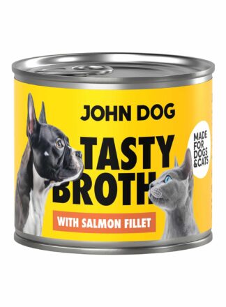 John Dog Tasty Broth Nassfutterdose mit Lachs für Hunde und Katzen. Gelber Hintergrund, schwarz-weißer Hund und Katze auf dem Etikett.