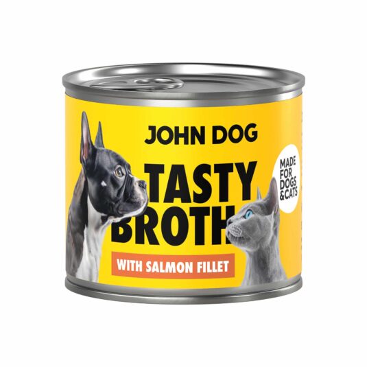 John Dog Tasty Broth Nassfutterdose mit Lachs für Hunde und Katzen. Gelber Hintergrund, schwarz-weißer Hund und Katze auf dem Etikett.