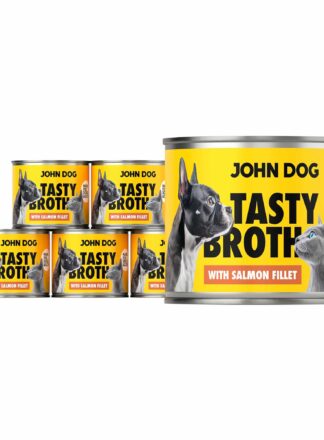 John Dog Tasty Broth Nassfutter Dosen-Set mit Lachs für Hunde und Katzen. Auffällige gelbe Verpackung mit Hunde- und Katzengrafiken.