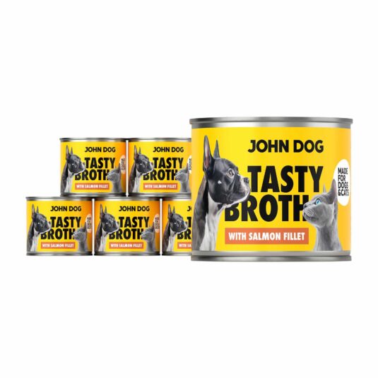John Dog Tasty Broth Nassfutter Dosen-Set mit Lachs für Hunde und Katzen. Auffällige gelbe Verpackung mit Hunde- und Katzengrafiken.