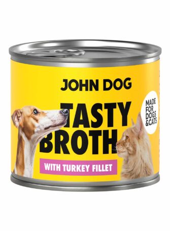 John Dog Tasty Broth Nassfutterdose mit Truthahn für Hunde und Katzen. Gelber Hintergrund, Hund und Katze auf dem Etikett.