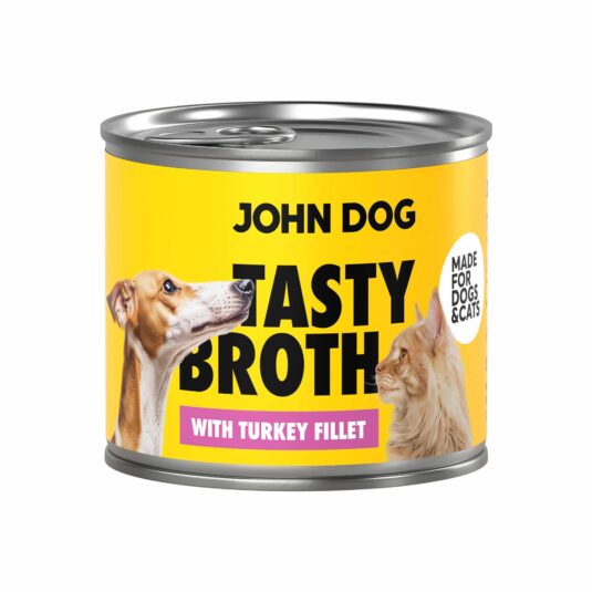 John Dog Tasty Broth Nassfutterdose mit Truthahn für Hunde und Katzen. Gelber Hintergrund, Hund und Katze auf dem Etikett.