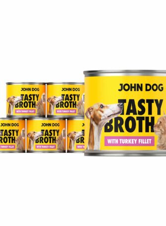 John Dog Tasty Broth Nassfutter Dosenset mit Truthahn für Hunde und Katzen. Auffällige gelbe Verpackung mit Hunde- und Katzengrafiken.