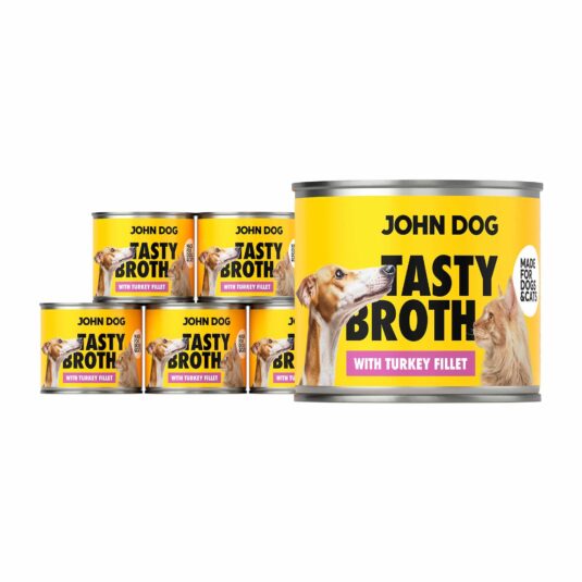 John Dog Tasty Broth Nassfutter Dosenset mit Truthahn für Hunde und Katzen. Auffällige gelbe Verpackung mit Hunde- und Katzengrafiken.