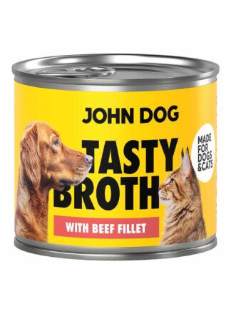 John Dog Tasty Broth Nassfutterdose mit Rindfleisch für Hunde und Katzen. Das Etikett zeigt einen Hund und eine Katze auf gelbem Hintergrund.