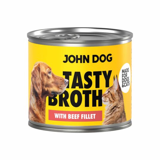 John Dog Tasty Broth Nassfutterdose mit Rindfleisch für Hunde und Katzen. Das Etikett zeigt einen Hund und eine Katze auf gelbem Hintergrund.