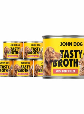 John Dog Tasty Broth Nassfutter Dosenset mit Rindfleisch für Hunde und Katzen. Gelbe Verpackung mit einem Bild von einem Hund und einer Katze.