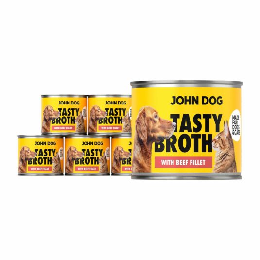 John Dog Tasty Broth Nassfutter Dosenset mit Rindfleisch für Hunde und Katzen. Gelbe Verpackung mit einem Bild von einem Hund und einer Katze.