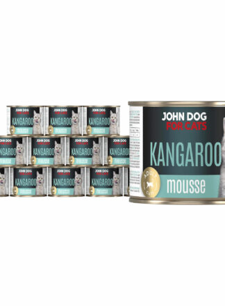 Set mit zwölf 200g Dosen für ausgewachsene Katzen. John Dog for Cats Katzennassfutter, Känguru-Mousse.
