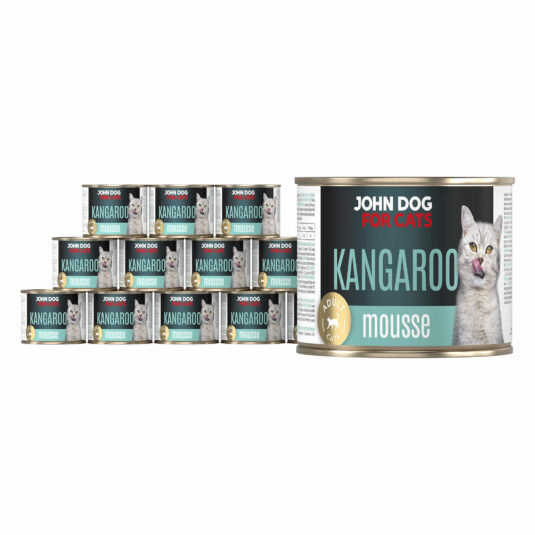 Set mit zwölf 200g Dosen für ausgewachsene Katzen. John Dog for Cats Katzennassfutter, Känguru-Mousse.