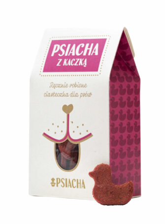 Packung mit 100g Hundekeksen mit Ente und Roter Bete. Marke Psiacha. Vorderansicht.