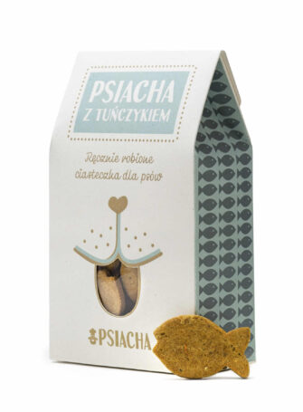 Packung mit 100g Hundekeksen mit Thunfisch und Karotten. Marke Psiacha. Vorderansicht.