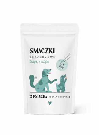 Smaczki bezzbożowe indyk + mięta. Opakowanie przysmaków 80 g. Idealne na trening. Produkt Psiacha.