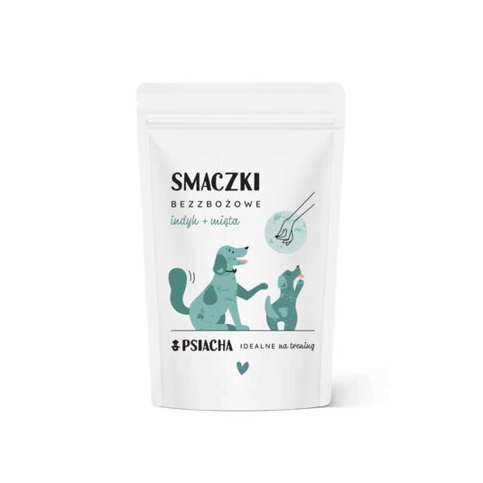 Smaczki bezzbożowe indyk + mięta. Opakowanie przysmaków 80 g. Idealne na trening. Produkt Psiacha.