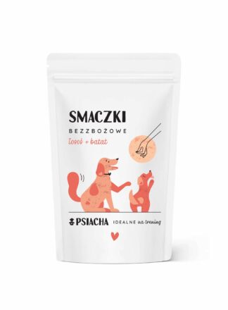 Smaczki bezzbożowe łosoś + batat. Opakowanie przysmaków 80 g. Idealne na trening. Produkt Psiacha.