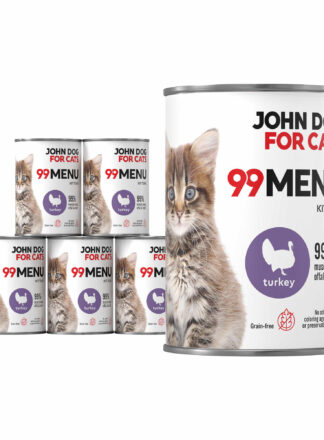 Set aus sechs 400 g Dosen Nassfutter für Kätzchen mit Pute, Linie 99 Menu