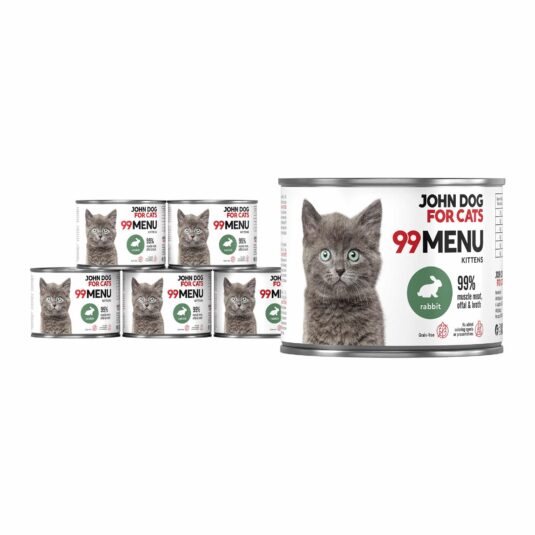 Set aus sechs kleinen Dosen Nassfutter für Kätzchen mit Kaninchen, Linie 99 Menu
