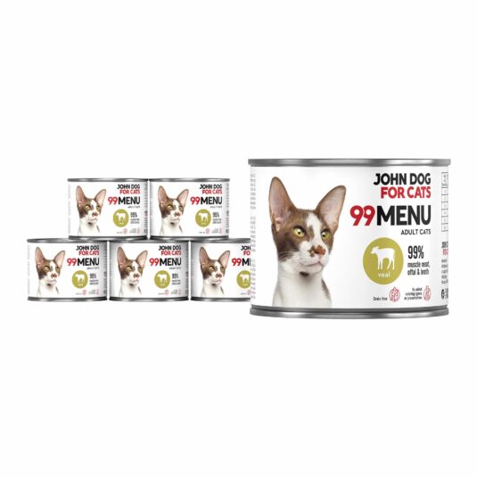 Set aus sechs Dosen Nassfutter für Katzen mit Kalbfleisch, Linie 99 Menu
