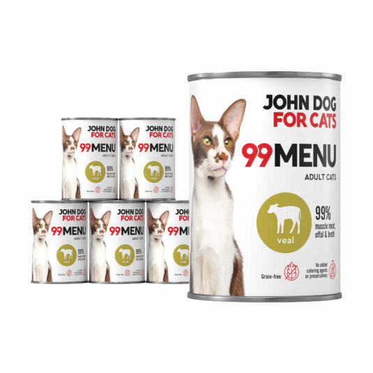 Set aus sechs 400 g Dosen Nassfutter für Katzen mit Kalbfleisch, Linie 99 Menu
