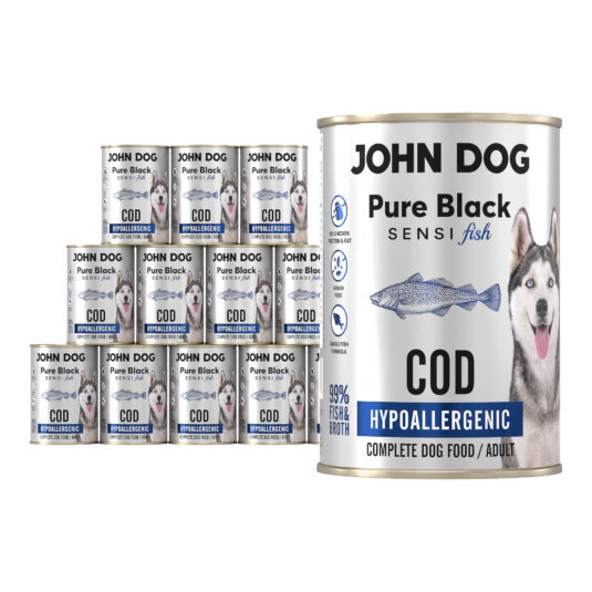 Zestaw dwunastu puszek mokrej karmy dla psa z dorsza, linia Pure Black Sensi Fish, pojemność 400 g.