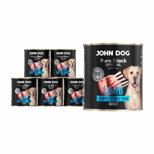 Set aus sechs 800 g Dosen Nassfutter für Hunde mit Lamm, Linie Pure Black Special Edition