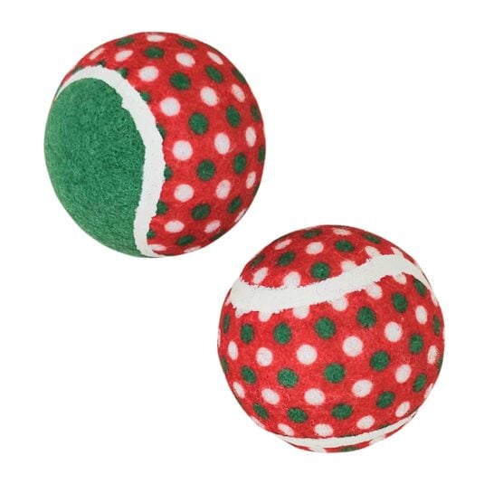 Zwei weihnachtliche Tennisbälle für Hunde in Rot, Grün und Weiß - Nobby, 6,3 cm